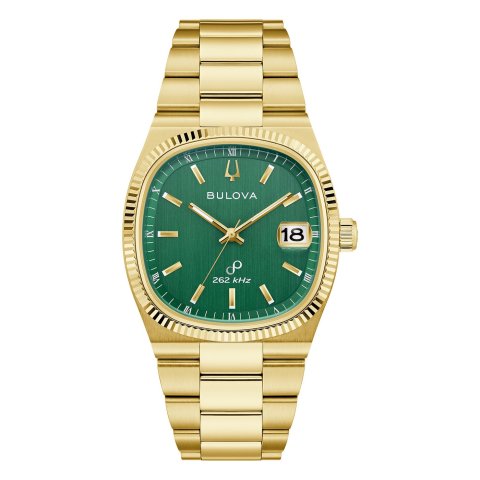 Diese Bulova Uhr vereint einen edlen goldfarbenen Look mit einem ausdrucksstarken, grünen Zifferblatt. ? Das markante G...